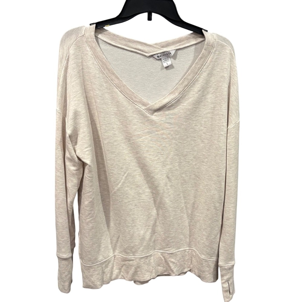 Athleta Coaster Luxe V-Neck Sweatshirt Heathered Light Oatmeal Thumbhole L